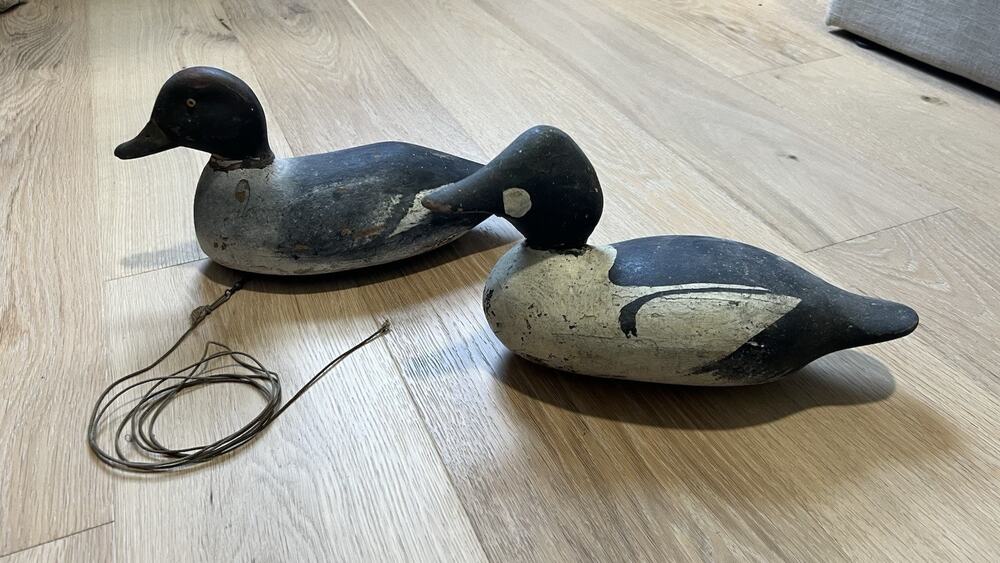 Pair of 2 Antique Wooden Duck Decoys Hand Carved Painted Vintage
